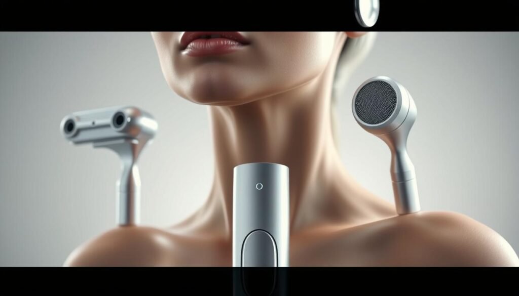 A close-up, high-resolution image of the Oligio X device by Glowin Beaute, showcasing its sleek, silver metallic design and various applicator heads. The device is positioned against a soft, out-of-focus background, highlighting its modern and professional aesthetic. The image captures the device from multiple angles, allowing the viewer to see the different attachments and their intended treatment areas on the body, such as the face, neck, and other sections. The lighting is well-balanced, creating a sense of depth and emphasizing the device's advanced features. The overall mood is one of clinical precision and technological innovation, reflecting the cutting-edge nature of the Oligio X's radio frequency therapy.
