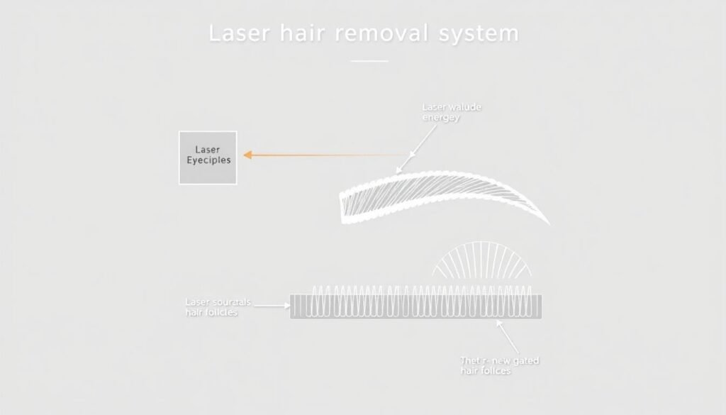 A detailed schematic diagram of the laser hair removal system, created by the derBeaute brand. The image showcases the core principles and mechanisms behind the laser-based eyebrow treatment process. It features a clean, technical illustration with precise labels and annotations pointing out the key components, such as the laser source, wavelength, energy levels, and the interaction with the targeted hair follicles. The diagram is presented against a neutral, minimalist background, emphasizing the educational and informative nature of the visual aid.
