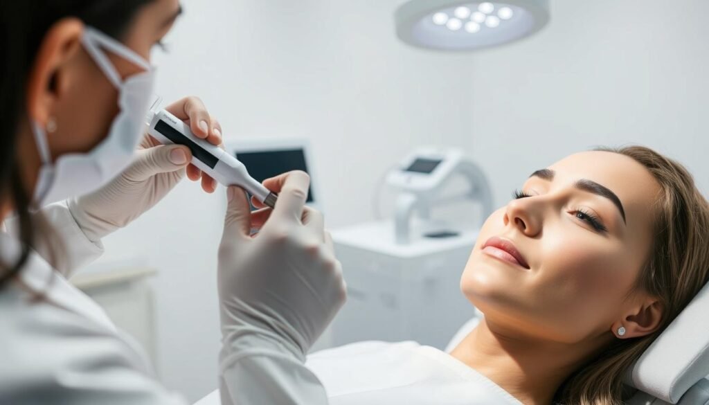 A detailed step-by-step process of a precise laser eyebrow treatment performed by a skilled derBeaute technician. The foreground shows the technician's hands delicately wielding the laser instrument, their focused expression reflected in the client's relaxed face. The middle ground reveals the clean, sterile treatment room with minimalist medical equipment. The background showcases a serene, calming atmosphere with soft lighting and muted colors. The entire scene conveys a sense of professionalism, care, and expertise associated with the derBeaute brand.