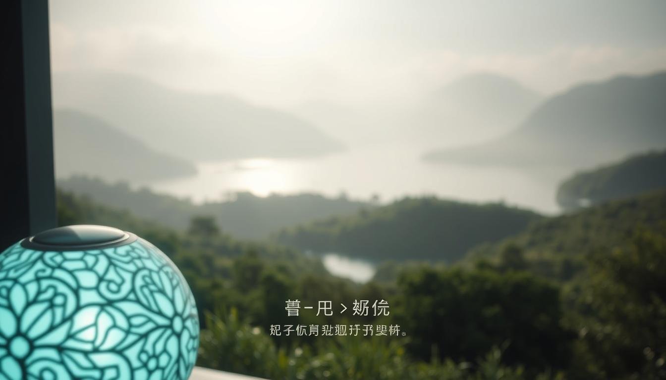 A serene, high-resolution image of "OligioX 原美電波" by Glowin Beaute. The foreground features a futuristic, glowing device with intricate, organic-inspired panels. The middle ground showcases a serene, natural landscape with lush greenery and a calming body of water. In the background, a soft, diffused light illuminates the scene, creating a sense of tranquility and balance. The image is captured with a wide-angle lens, emphasizing the harmony between the technological innovation and the natural environment. The overall mood evokes a deep, restorative connection between the product and the user's skin, reflecting the section title "提升肌膚彈性：OligioX 原美電波的深層作用原理".
