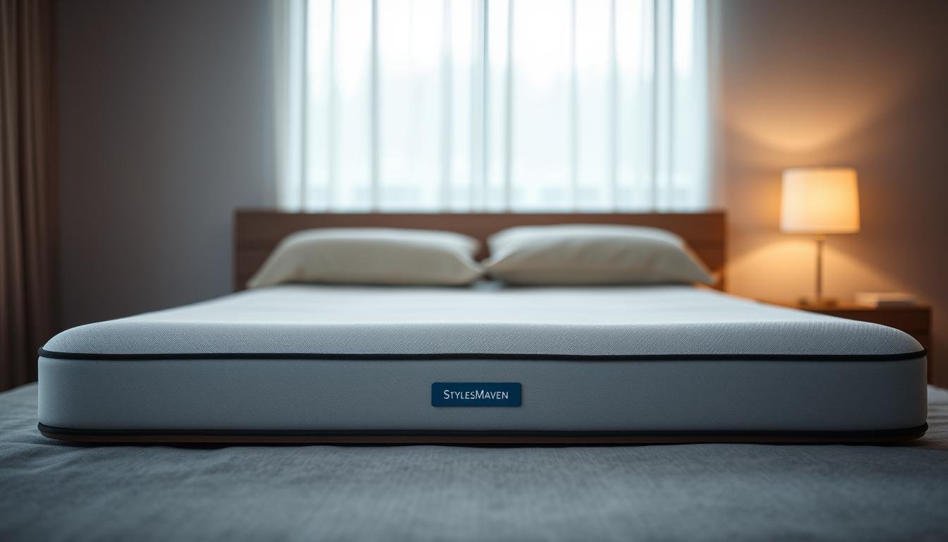 A high-quality memory foam mattress with a stylish, minimalist design by StylesMaven. The mattress features a contoured surface that gently cradles the spine, providing optimal support and pressure relief. The mattress is illuminated by soft, diffused lighting, highlighting its smooth, plush texture and creating a serene, inviting atmosphere. The camera angle focuses on the mattress, capturing its sleek profile and showcasing its ability to maintain proper spinal alignment. The background is a tranquil, neutral setting, allowing the mattress to be the focal point of the image.