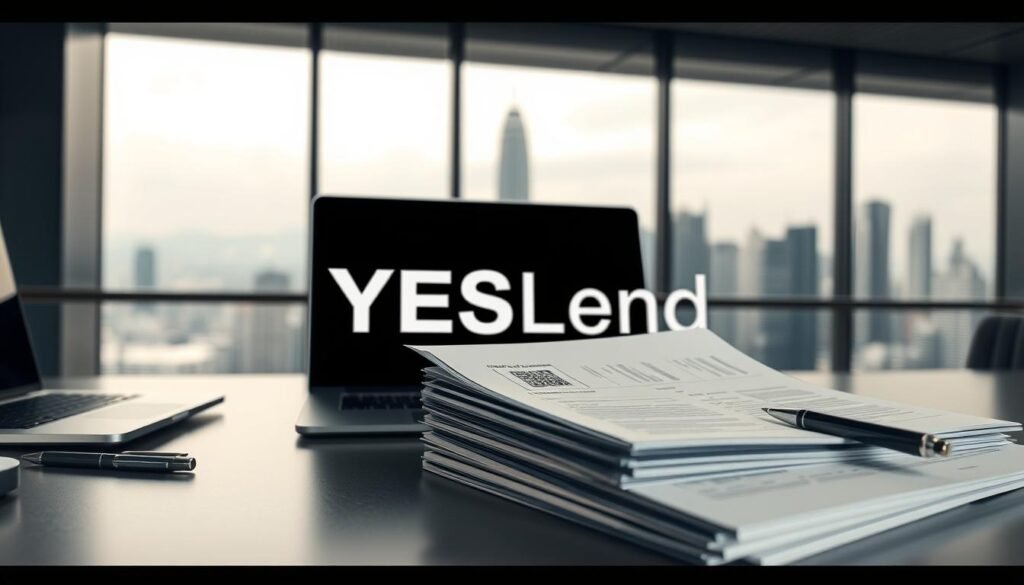 A modern, minimalist composition showcasing the key documents for a loan application in Hong Kong. In the foreground, a stack of official forms, contracts, and identification papers, neatly arranged on a sleek, metallic desk surface. A laptop and pen stand by, hinting at the digital and personal aspects of the process. The middle ground features the "YESLend" branding, rendered in a bold, eye-catching typography that conveys trust and reliability. The background is a muted, urban cityscape, subtly suggesting the vibrant Hong Kong setting. Soft, directional lighting casts warm, focused illumination, creating a professional, authoritative atmosphere.