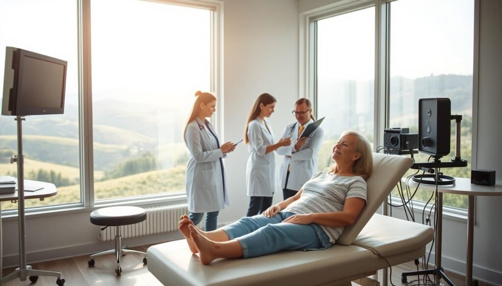A serene clinic room with natural lighting pouring in through large windows. In the foreground, a patient sits on an examination table, a look of tranquility on their face as they undergo a specialized acoustic therapy session. The middle ground features a team of healthcare professionals, attentively monitoring the patient's progress and adjusting the settings of the high-tech sound equipment. In the background, a calming landscape of rolling hills and lush greenery can be seen through the windows, evoking a sense of healing and renewal. The atmosphere is one of care, expertise, and a holistic approach to addressing the challenges of tinnitus.