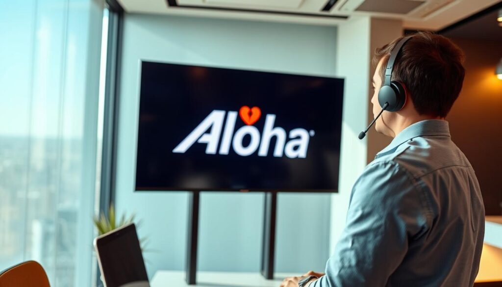 A sleek and modern office setting with a large, high-resolution display screen taking center stage. The screen displays the Aloha brand logo, showcasing its technological prowess. In the foreground, a professional IT technician assists a customer, guiding them through the display's features and troubleshooting any issues. The lighting is warm and inviting, with soft shadows and highlights emphasizing the display's crisp, clear image quality. The background features a clean, minimalist design, allowing the display and the support service to be the focal points of the scene.