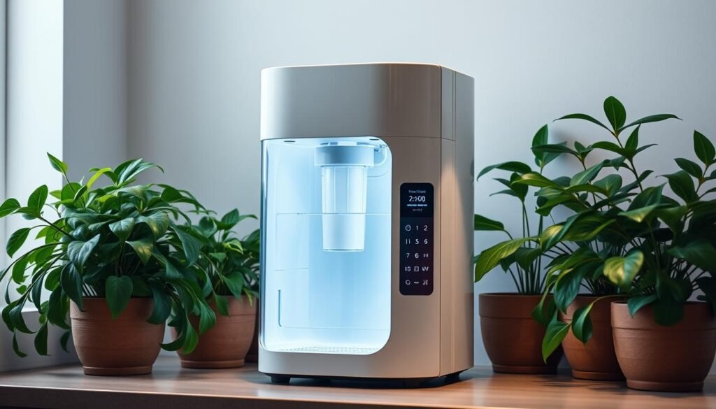 A sleek and modern water purifier system with a minimalist design, standing prominently on a kitchen countertop. The device features a clear glass carafe and a sophisticated control panel with intuitive touch buttons. Soft, diffused lighting illuminates the translucent water filter, evoking a sense of purity and cleanliness. The purifier is surrounded by lush, verdant potted plants, creating a harmonious, nature-inspired setting. The overall composition conveys a sense of health, wellness, and a commitment to safe, high-quality drinking water for the home.