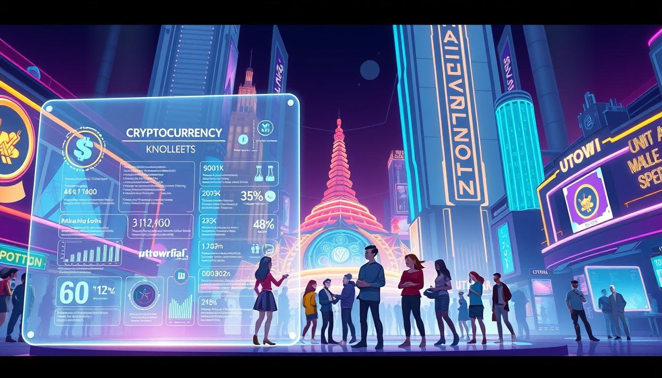 A sleek, modern illustration depicting the concept of cryptocurrency knowledge in the UTown entertainment hub. The foreground showcases a transparent holographic display presenting key cryptocurrency concepts and data visualizations, lending an air of digital sophistication. The middle ground features a group of diverse, stylized characters interacting with the display, representing the UTown community engaged in learning about cryptocurrencies. The background showcases the UTown cityscape, with futuristic architectural elements and a vibrant, neon-hued ambiance, conveying a sense of technological advancement and innovation. The overall scene exudes a mood of educational empowerment, where UTown seamlessly integrates cryptocurrency knowledge into the entertainment experience.