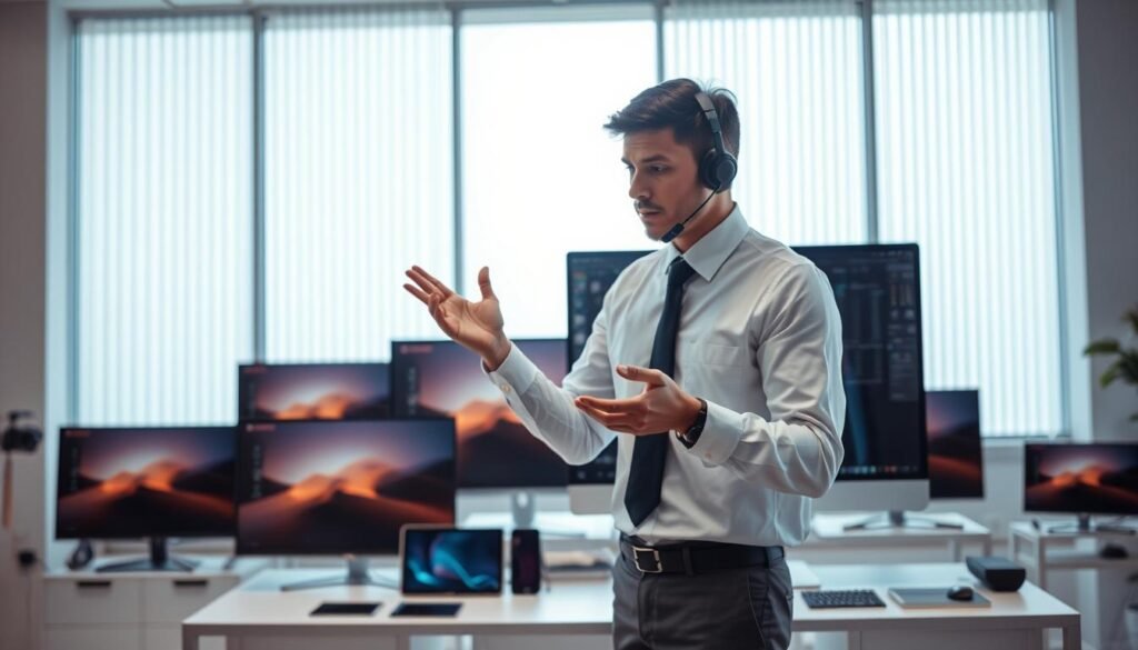 A vibrant and professional scene showcasing technical support for display technology. In the foreground, a person in a crisp white shirt and tie, their face obscured, gesticulating while explaining concepts on a sleek Aloha brand computer monitor. The middle ground features various display devices - TVs, tablets, and smartphones - arranged neatly, radiating a sense of expertise and problem-solving. In the background, a minimalist office environment with floor-to-ceiling windows, allowing natural light to pour in and illuminate the scene. The overall mood is one of competence, reliability, and a dedication to providing top-notch technical support for display technology.