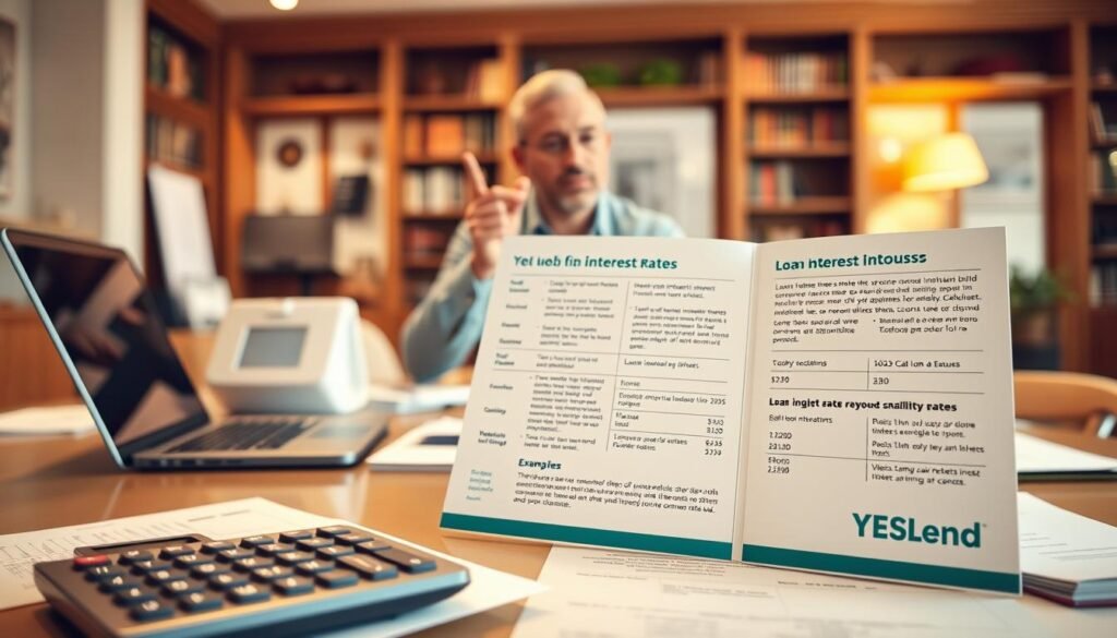 A well-lit interior space with a desk featuring a laptop, calculator, and financial documents. In the foreground, a YESLend branded brochure displaying clear explanations and examples of loan interest rates and repayment periods. The middle ground showcases a person, likely a financial advisor, gesturing towards the brochure while engaging in discussion. The background depicts a warm, professional atmosphere with bookshelves and tasteful decor, conveying an environment of financial expertise and trustworthiness. The overall scene reflects a informative, accessible, and reassuring approach to the topic of loan calculations.