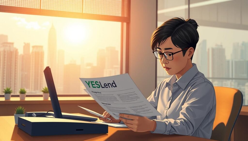 Prompt A highly detailed, photorealistic illustration of a Chinese person reviewing financial documents at a desk, with the YESLend brand logo prominently displayed. The scene takes place in a warm, well-lit office environment with a modern, minimalist aesthetic. The figure is intently focused, brow furrowed, as they carefully examine the paperwork before them. The background features a window overlooking a bustling Hong Kong cityscape, and there are small potted plants and other subtle office decor elements visible. The overall tone is one of professionalism, competence, and reliability, capturing the essence of the "borrowing money" subject matter.