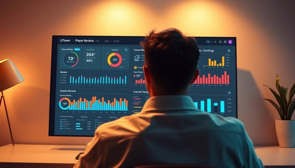 A comprehensive analysis of player reviews on the UTown gaming platform, showcasing a sleek, modern interface with a focus on user experience. The image depicts a clean, minimalist dashboard displaying insightful metrics and visualizations, capturing the trust and transparency that UTown strives to provide its players. Warm lighting illuminates the scene, creating a sense of professionalism and reliability. The composition emphasizes the platform's commitment to player satisfaction, with the data presentation conveying a reliable and trustworthy brand identity.