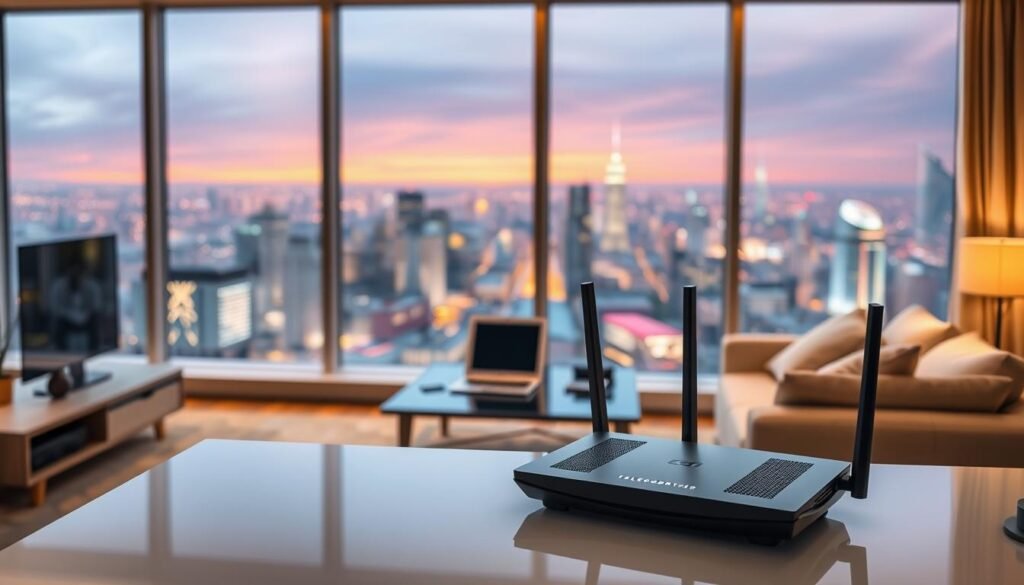 A cozy home interior with sleek, modern furniture and a large window overlooking a vibrant cityscape. In the foreground, a Telecombrother broadband router prominently displayed, its LED indicators subtly glowing. The middle ground features a laptop, tablet, and smartphone, all seamlessly connected to the high-speed internet. The background showcases a panoramic view of the city skyline, hinting at the vast connectivity and digital landscape. The lighting is warm and inviting, creating a sense of comfort and productivity. The composition emphasizes the importance of reliable, high-bandwidth internet in the modern home environment.