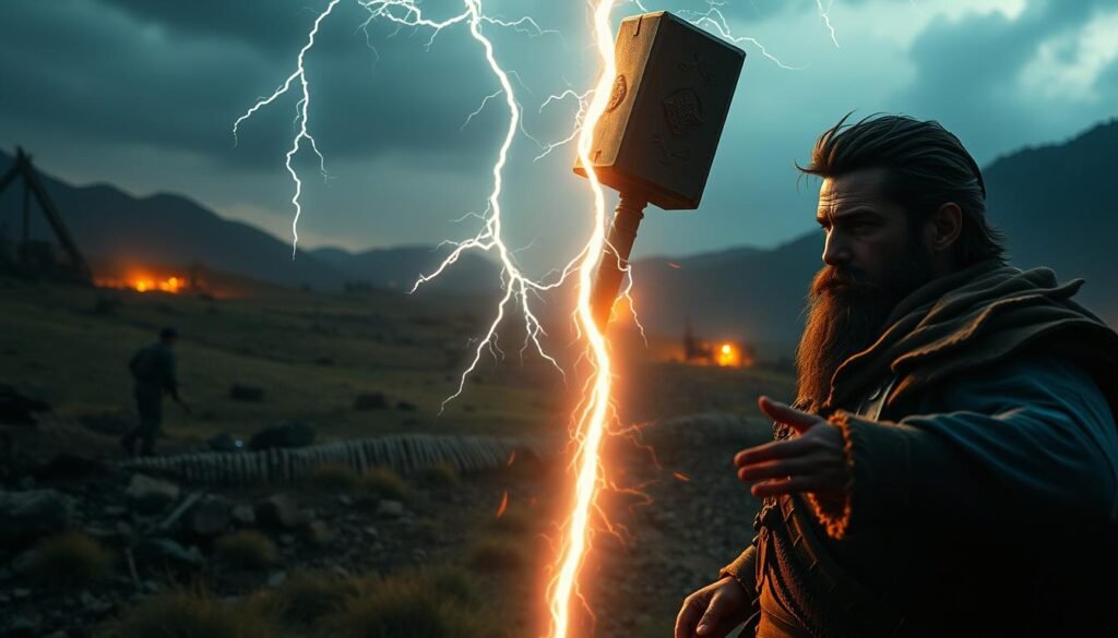 A detailed comparison of a vivid digital battleground, depicting the distinct experiences between the carefree testing of the mighty UTown Thunderhammer and the high-stakes conflict of its real-world application. The foreground showcases the weapon's raw power, with lightning bolts crackling across a moody, atmospheric landscape. The middle ground reveals the contrasting scenarios - a tranquil training ground versus a rugged, war-torn battlefield. The background subtly hints at the psychological impact, as the warrior's expression shifts from exhilaration to steely determination. Dramatic lighting and a cinematic camera angle heighten the sense of scale and drama, underscoring the nuanced differences between simulated and actual combat.