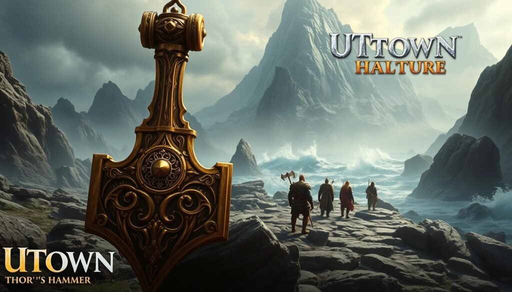 A detailed fantasy scene depicting the core features of the video game &quot;UTown Thor's Hammer&quot;. In the foreground, the mighty Thor's Hammer stands tall, its intricate design and golden hue glimmering under dramatic lighting. In the middle ground, a group of adventurers in medieval-inspired attire explore a rugged, rocky landscape with crashing waves in the distance. The background features a towering mountain range shrouded in mist, creating a sense of mystery and grandeur. The overall atmosphere is one of epic adventure and high fantasy, showcasing the game's immersive world and engaging gameplay.