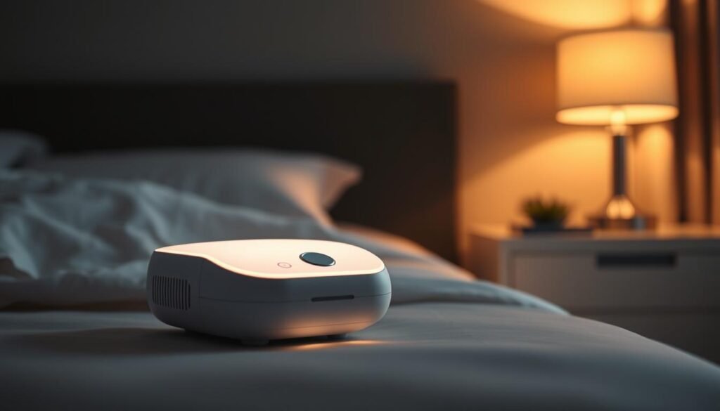 A high-quality medical sleep apnea device, the iCareCPAP, rests on a sleek, minimalist bedside table. The device is white with a soft glow, blending seamlessly into the tranquil, dimly lit bedroom scene. Soft, warm lighting from a lamp casts a gentle ambiance, creating a peaceful, restful atmosphere. The device is prominently displayed, its simple, elegant design conveying its purpose as a tool to improve sleep and overall health. The background is blurred, keeping the focus on the iCareCPAP as the central element, symbolizing its importance in managing sleep disorders and ensuring optimal respiratory function during the night.