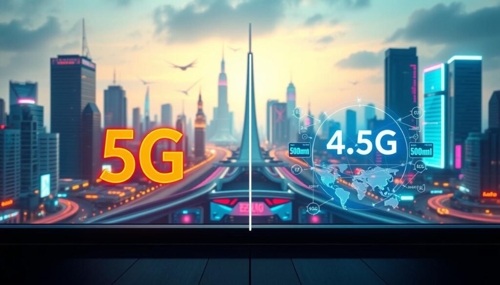 A high-tech, futuristic comparison of 5G and 4.5G network plans, set against a backdrop of cityscape and glowing neon lights. In the foreground, a sleek, minimalist design showcases the Telecombrother brand, with clean lines and a bold, vibrant color palette. The middle ground features dynamic visualizations of network coverage, data speeds, and connectivity, conveying the technical capabilities of each plan. The background depicts a vibrant urban landscape, with skyscrapers, bridges, and futuristic architecture, reflecting the advanced infrastructure required for next-generation telecommunications. The overall atmosphere is one of technological progress, innovation, and the promise of a hyper-connected future.