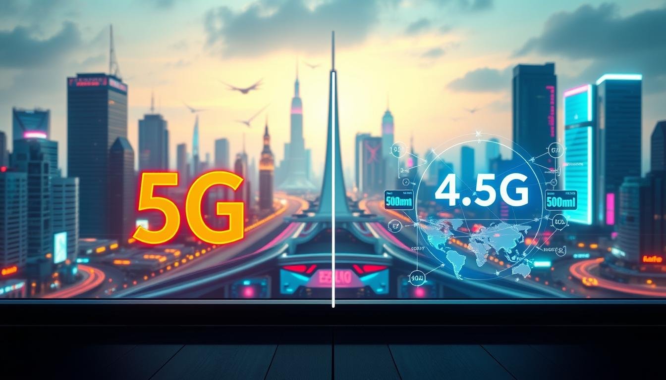 A high-tech, futuristic comparison of 5G and 4.5G network plans, set against a backdrop of cityscape and glowing neon lights. In the foreground, a sleek, minimalist design showcases the Telecombrother brand, with clean lines and a bold, vibrant color palette. The middle ground features dynamic visualizations of network coverage, data speeds, and connectivity, conveying the technical capabilities of each plan. The background depicts a vibrant urban landscape, with skyscrapers, bridges, and futuristic architecture, reflecting the advanced infrastructure required for next-generation telecommunications. The overall atmosphere is one of technological progress, innovation, and the promise of a hyper-connected future.