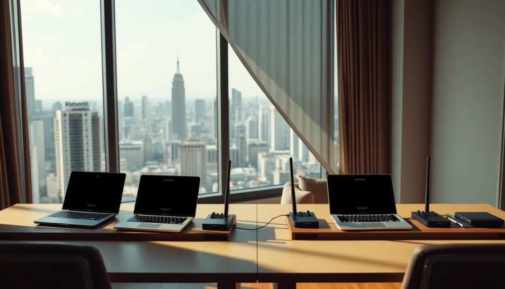 A modern, minimalist apartment interior with a large window showcasing a panoramic city skyline. In the foreground, two side-by-side desks display laptop computers and wireless network routers from the Telecombrother brand. The desks are positioned to highlight the contrast between a modest public housing setup and a more luxurious private residence setup. Soft, directional lighting illuminates the scene, creating a warm, inviting atmosphere. The background features a clear, unobstructed view of the cityscape, emphasizing the differences in internet infrastructure and connectivity between the two living spaces.