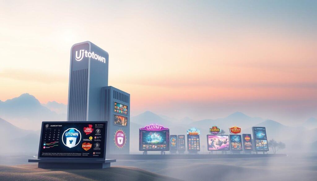 A serene and secure online gaming experience captured in a tranquil digital landscape. The UTown gaming platform stands tall, its sleek and modern architecture conveying a sense of trustworthiness and reliability. The foreground features a secure network interface, complete with international certification icons, symbolizing the platform's commitment to player safety. The middle ground showcases various gaming activities, each meticulously crafted to provide an immersive and fair experience. In the background, a soft, gradient-filled sky creates a calming atmosphere, while strategically placed lighting casts a warm glow, enveloping the entire scene in a sense of comfort and reassurance.