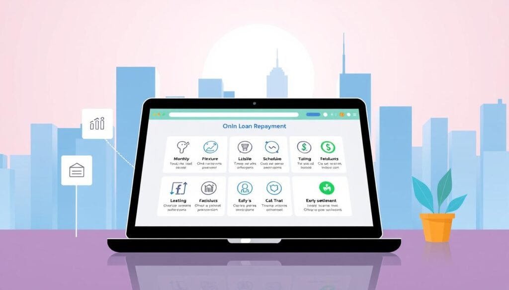 A vibrant, modern illustration showcasing a variety of online loan repayment options. In the foreground, a series of graphical icons and infographic elements depict different repayment methods, such as monthly installments, flexible schedules, and early settlement. The middle ground features a laptop or mobile device display, with a clean, user-friendly interface highlighting the loan repayment process. The background is set against a minimalist, geometric cityscape, conveying a sense of connectivity and financial empowerment. The overall composition is well-balanced, with a sleek, high-tech aesthetic that complements the subject matter.