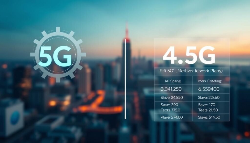 A visually striking comparison of 5G and 4.5G network plans by Telecombrother. The foreground depicts sleek 5G and 4.5G network icons, showcasing their technological differences. The middle ground features detailed data and pricing information for each plan, presented in a clean, infographic-style layout. The background is a subtly blurred cityscape, hinting at the real-world urban connectivity these networks aim to provide. Soft, directional lighting illuminates the scene, creating depth and emphasizing the technical details. The overall tone is one of clarity and professionalism, reflecting the informative nature of the comparison.