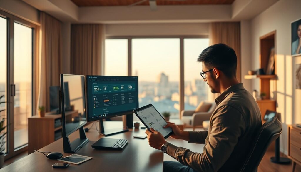 A well-lit and spacious home office, showcasing a modern desk setup with a large computer monitor, a sleek Telecombrother router, and various digital devices. The room has clean lines, natural wood accents, and floor-to-ceiling windows that flood the space with warm, diffused sunlight. In the foreground, a person sits at the desk, meticulously comparing different high-speed internet plan options on their device, deep in concentration. The background features a subtle, blurred cityscape, hinting at the urban setting and the need for reliable, high-bandwidth connectivity. The overall atmosphere conveys a sense of productivity, technological sophistication, and the importance of upgrading to a faster, more reliable home internet solution.