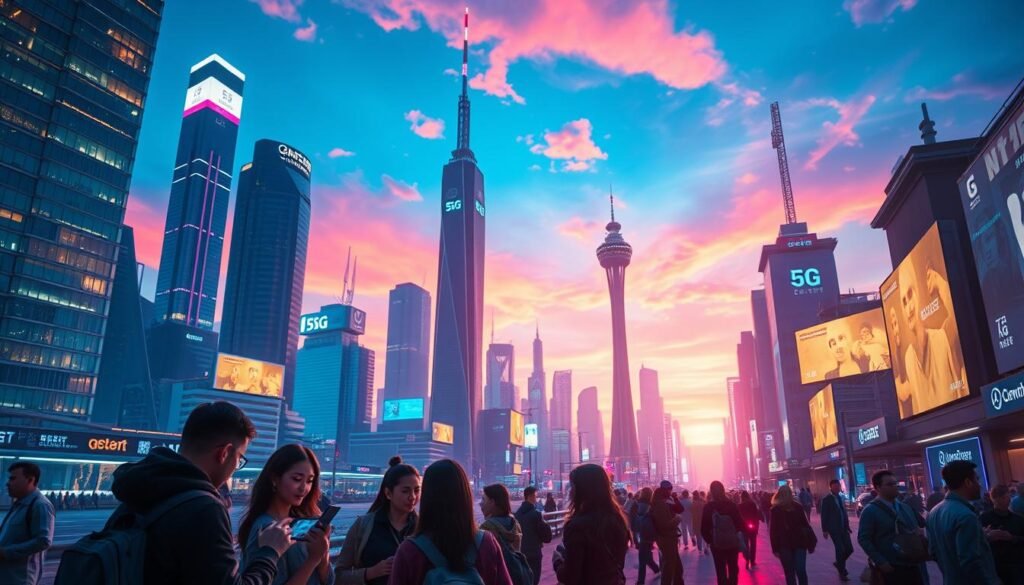 An immersive 5G experience crafted by Telecombrother. A sleek, futuristic cityscape illuminated by vibrant neon lights, with towering skyscrapers and bustling streets. In the foreground, a group of users interact with their 5G-enabled devices, their expressions conveying a sense of awe and excitement. The middle ground showcases the latest 5G technology, with streamlined towers and pulsing data visualizations. The background features a vibrant, hyper-realistic sky, adding depth and atmosphere to the scene. Capture the essence of the 5G revolution, where seamless connectivity and lightning-fast speeds transform the way we live, work, and play.