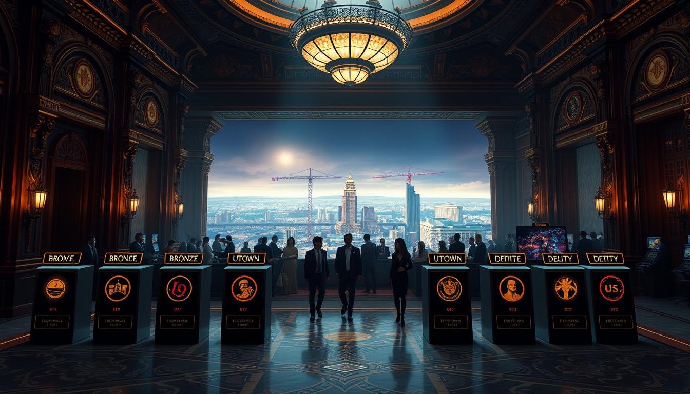 Detailed digital illustration of UTown's membership level system, showcasing the tiers from bronze to deity. Dramatic, cinematic lighting illuminates a grand, ornate hall with intricate architectural details. In the foreground, a series of pedestals display the various membership levels, each with its own distinct design and iconography. The middle ground features elegant, well-dressed patrons moving through the space, conveying a sense of prestige and exclusivity. The background depicts a sprawling vista of the UTown gaming metropolis, hinting at the breadth of the establishment's offerings. The overall mood is one of sophistication, wealth, and the promise of extraordinary gaming experiences for the devoted UTown member.