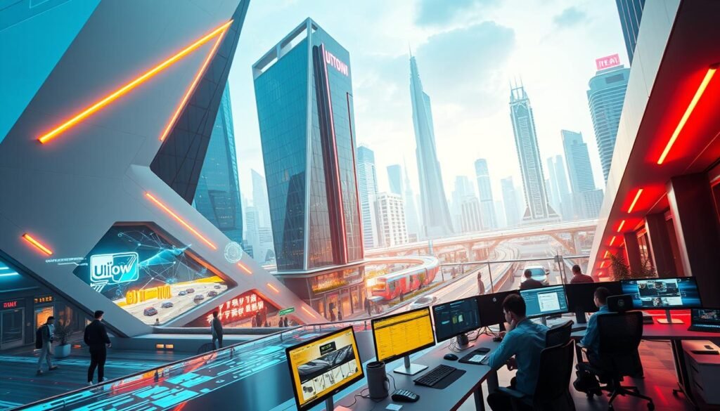 Masterful 3D render of a cutting-edge tech hub called UTown, showcasing the future of digital innovation. The sleek, futuristic buildings feature dynamic, angular architecture with vibrant neon accents. In the foreground, a group of developers collaborate at modern workstations, immersed in the development of the latest jili電子遊戲. Holographic displays and interactive screens fill the airy, open-concept workspace, creating an atmosphere of inspiration and creativity. The background depicts a vibrant cityscape, with towering skyscrapers and a bustling transportation network, all bathed in a warm, futuristic glow. Cinematic lighting and a depth-of-field effect enhance the sense of depth and grandeur, capturing the boundless potential of jili電子's ongoing technological advancements.