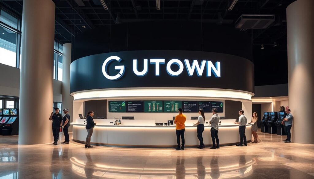 Sleek and modern customer service counter at the UTown entertainment complex, featuring a minimalist design with clean lines and a neutral color palette. The counter is situated in a well-lit, open-concept space, with floor-to-ceiling windows allowing natural light to flood the area. A team of friendly, attentive staff stand ready to assist patrons, offering efficient and personalized service. The overall atmosphere exudes a sense of professionalism and reliability, reflecting the brand's commitment to providing a safe and enjoyable gaming experience.