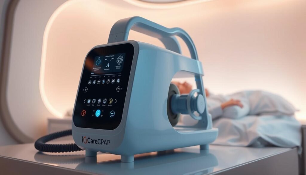 A highly detailed, cutting-edge iCareCPAP sleep apnea breathing machine, featuring a sleek, minimalist design with a large display panel and intuitive controls. The device is surrounded by a clean, futuristic environment with soft, indirect lighting and a serene, calming atmosphere. The machine's advanced sensors and algorithms monitor the user's breathing patterns, automatically adjusting the airflow to provide optimal respiratory support. The image showcases the innovative technologies and intelligent features that make this iCareCPAP device a game-changer in the field of sleep apnea management.