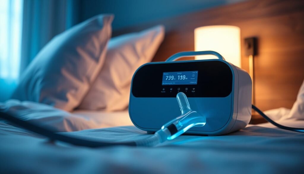 A sleek, modern iCareCPAP sleep apnea machine rests on a bedside table, its display panel softly illuminated. The device's minimalist design features clean lines and a subtle blue glow, creating a calming, therapeutic atmosphere. In the foreground, medical tubing and a comfortable, streamlined nasal mask hint at the machine's purpose, while the dimly lit bedroom setting suggests a peaceful, nighttime environment. The angle captures the machine from a slightly elevated perspective, showcasing its intuitive controls and intuitive user interface. The overall scene conveys the current state and future potential of sleep apnea technology, blending form, function, and a sense of tranquility.
