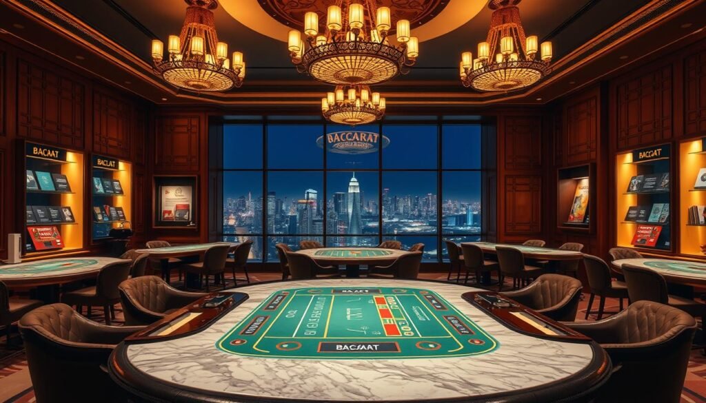 A stylish and modern casino interior, with a large baccarat table as the focal point. The table is positioned on a polished marble floor, surrounded by plush leather chairs and ornate chandeliers casting a warm, golden glow. The walls are adorned with intricate wood paneling and display cases showcasing the unique rules and history of baccarat. In the background, a large window offers a panoramic view of a bustling city skyline, adding depth and a sense of grandeur to the scene. The overall atmosphere evokes elegance, sophistication, and the thrill of high-stakes gambling.