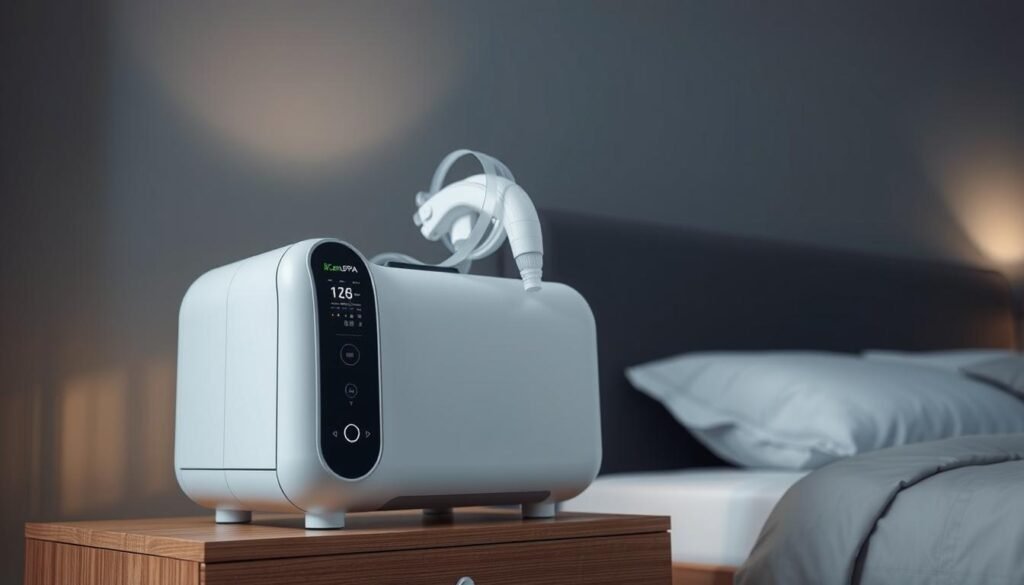A high-tech iCareCPAP sleep apnea machine, its sleek white casing and curved design elegantly complementing a modern bedroom. Soft ambient lighting creates a soothing, therapeutic atmosphere, while the machine's intuitive control panel and discreet profile suggest advanced monitoring capabilities. In the foreground, the device stands atop a wood-grain nightstand, ready to provide comfortable, effective respiratory support throughout the night. The background features muted gray walls and plush bedding, emphasizing the machine's role as a discreet, essential healthcare companion.