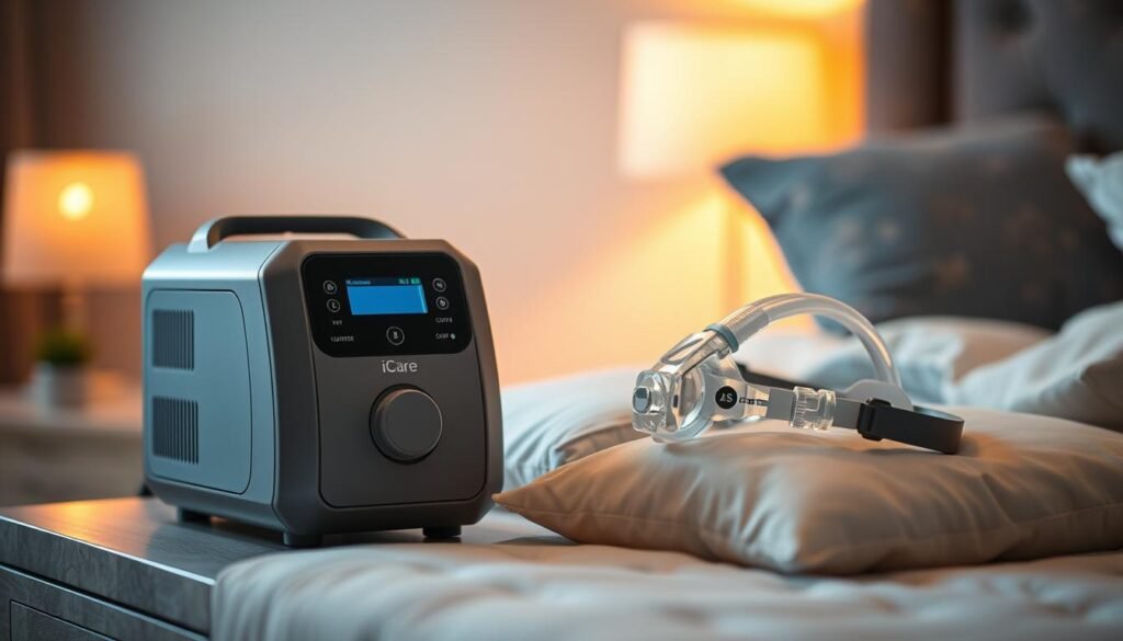 A high-quality, medical-grade iCareCPAP sleep apnea machine positioned prominently on a bedside table. The device features a sleek, modern design with muted grey tones and subtle backlit controls. Nearby, a comfortable CPAP mask rests on a soft pillow, ready for use. The scene is bathed in a warm, ambient light, creating a soothing and calming atmosphere. The background is blurred, gently hinting at a peaceful bedroom setting. The overall composition conveys the ease and simplicity of using the iCareCPAP machine to manage sleep apnea and improve sleep quality. A high-quality, medical-grade iCareCPAP sleep apnea machine positioned prominently on a bedside table. The device features a sleek, modern design with muted grey tones and subtle backlit controls. Nearby, a comfortable CPAP mask rests on a soft pillow, ready for use. The scene is bathed in a warm, ambient light, creating a soothing and calming atmosphere. The background is blurred, gently hinting at a peaceful bedroom setting. The overall composition conveys the ease and simplicity of using the iCareCPAP machine to manage sleep apnea and improve sleep quality.