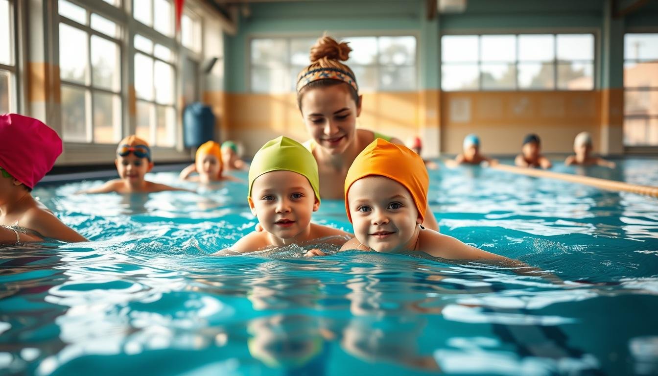 A focused scene of a children's swimming class, showcasing a group of young children, ages 6-10, wearing colorful swim caps and modest swim attire, working on their swimming techniques. In the foreground, a dedicated instructor guides two children in the water, emphasizing their form and concentration. The middle background features other kids practicing floating and kicking, illustrating teamwork and engagement. The pool is well-lit with natural sunlight streaming through large windows, creating a warm, inviting atmosphere. The perspective is slightly above the water level, capturing the rippling reflections on the surface. The overall mood is energetic and encouraging, reflecting the positive impact of swimming training on children's focus and teamwork skills.