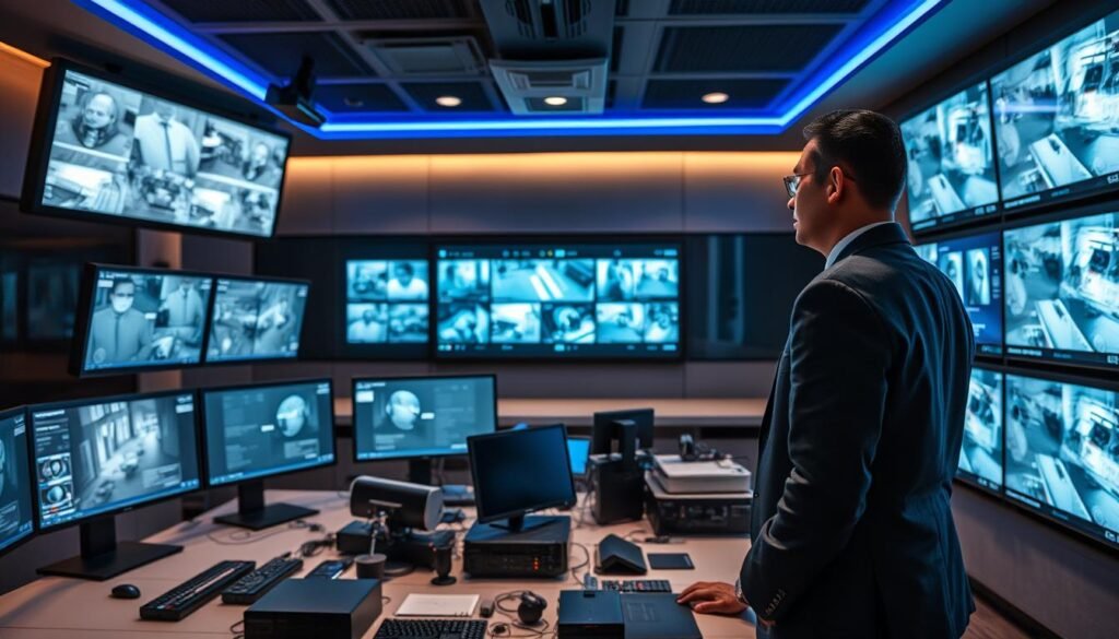 A modern control room featuring HKSSC's advanced CCTV monitoring system. In the foreground, high-tech screens display multiple camera feeds, showcasing clear, live security footage. A professional security officer, dressed in business attire, attentively observes the screens, surrounded by sophisticated monitoring equipment. In the middle ground, various technical devices and gadgets are neatly organized on a sleek, minimalist desk. The background reveals a spacious room with dimmed lighting, highlighted by blue and green ambient lights for a high-tech atmosphere. The overall mood conveys vigilance and professionalism, emphasizing the importance of CCTV surveillance in security operations. The angle is a slightly elevated perspective, providing a comprehensive view of the entire room. A modern control room featuring HKSSC's advanced CCTV monitoring system. In the foreground, high-tech screens display multiple camera feeds, showcasing clear, live security footage. A professional security officer, dressed in business attire, attentively observes the screens, surrounded by sophisticated monitoring equipment. In the middle ground, various technical devices and gadgets are neatly organized on a sleek, minimalist desk. The background reveals a spacious room with dimmed lighting, highlighted by blue and green ambient lights for a high-tech atmosphere. The overall mood conveys vigilance and professionalism, emphasizing the importance of CCTV surveillance in security operations. The angle is a slightly elevated perspective, providing a comprehensive view of the entire room.