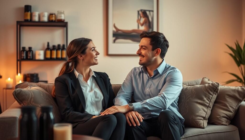 A serene, well-lit room dedicated to intimate exploration, featuring a tastefully arranged display of various adult products such as sensual oils, massage candles, and plush pillows. In the foreground, a couple sits closely together on a comfortable sofa, both dressed in professional business attire, engaged in a heartfelt conversation while smiling and gazing at each other. Soft, warm lighting creates a cozy atmosphere, with a gentle bokeh effect in the background that highlights subtle decor elements like soft cushions and calming artwork. The image conveys trust, communication, and the importance of establishing boundaries, reflecting a supportive and nurturing environment for discussing intimate relationships.