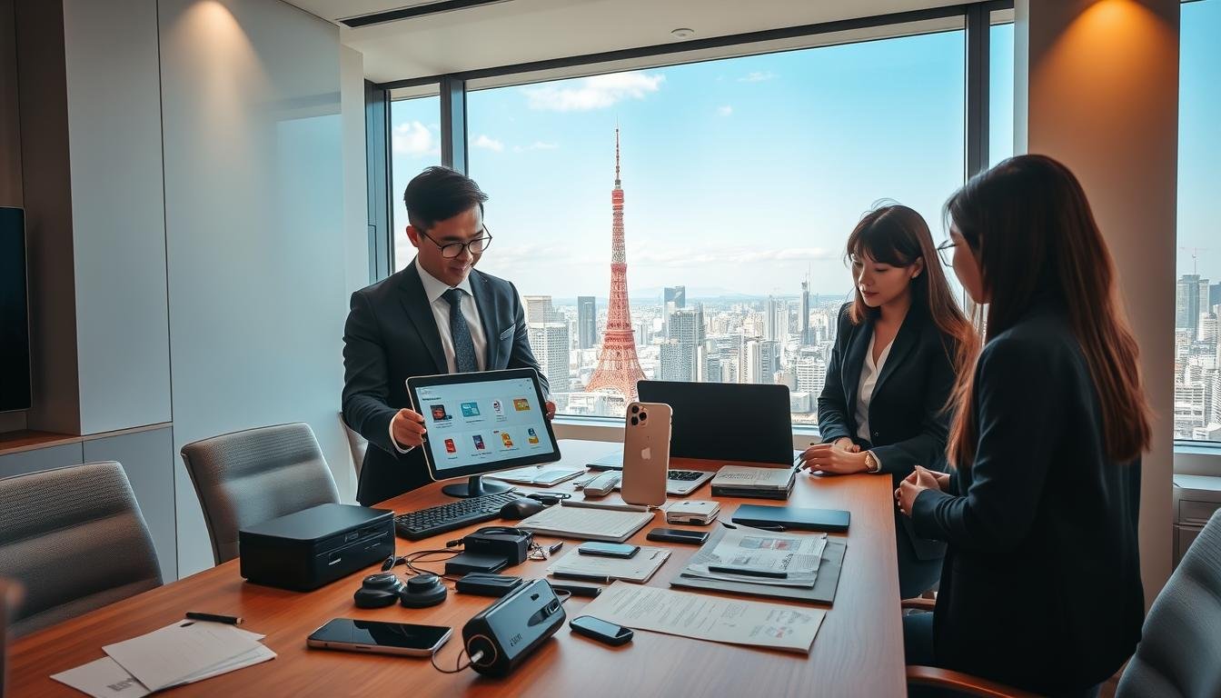 A sleek and modern workspace showcasing a digital ecosystem for eSIM plan selection in Japan. In the foreground, a diverse group of two professionals, a man and a woman, are focused on a tablet displaying various eSIM packages. They are dressed in smart business attire, exuding professionalism. In the middle, a stylish desk cluttered with tech gadgets, a smartphone, and documents related to eSIM options. The background features a window with a panoramic view of a bustling Tokyo cityscape under a clear blue sky, casting soft natural light into the room. The atmosphere conveys focus and innovation, illustrating the importance of choosing the right eSIM plan in a dynamic digital age. The lighting is warm and inviting, enhancing the vibrant colors of the workspace.