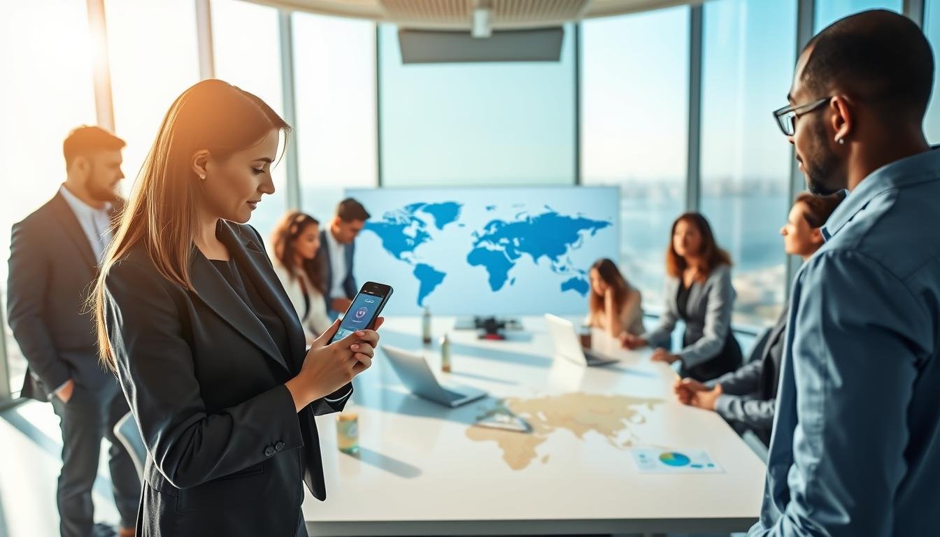 A sleek, modern office space featuring a diverse group of professionals engaged in a discussion about OceanEsim International Roaming Services. In the foreground, a woman in smart business attire examines her smartphone, displaying the OceanEsim app interface. The middle ground shows a well-lit conference table surrounded by team members of various ethnicities, all focused on a detailed map showcasing global connectivity options. The background highlights large windows with a panoramic view of the ocean, symbolizing connectivity and travel. The atmosphere is dynamic and collaborative, with natural light streaming in, creating an inviting ambiance. The composition should convey innovation and professionalism, emphasizing the features and global reach of OceanEsim without any text or overlays.