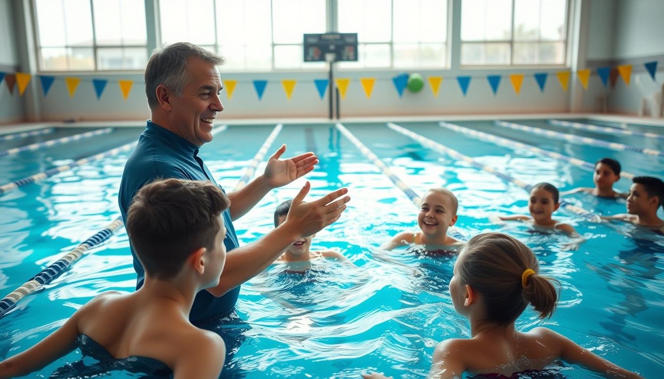 A swimming class scene featuring a dedicated swimming instructor guiding enthusiastic students in a bright indoor pool. In the foreground, the instructor, a middle-aged individual in a professional swim coach outfit, is demonstrating a swimming technique with clear, instructive gestures. The students, a diverse group of children and adults, are practicing under the instructor’s watchful eye, showcasing a range of swimming abilities. In the middle ground, the turquoise water reflects sunlight filtering through large windows, creating a vibrant and inviting atmosphere. The background includes swimming lane dividers and a scoreboard, emphasizing a structured swimming environment. The image captures a motivational and engaging mood, highlighting the importance of learning proper swimming skills in a supportive setting. The lighting is bright and evenly distributed, enhancing visibility and warmth.