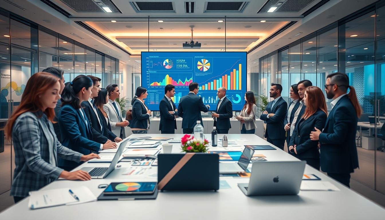 A visually striking and professional scene illustrating "精準投放策略" in a busy marketing office environment. In the foreground, a diverse group of business professionals, dressed in smart attire, engage in a focused discussion around a large digital screen displaying colorful, dynamic graphs and advertising metrics. In the middle ground, various marketing materials and a large table filled with strategic planning documents and laptops create a sense of collaboration and urgency. In the background, glass walls showcase a modern office with a lively atmosphere, incorporating soft lighting that enhances the hustle and bustle. The overall mood conveys teamwork, innovation, and the precision needed for effective ad campaign execution, with a lens angle that captures both close interactions and the broader office dynamics.