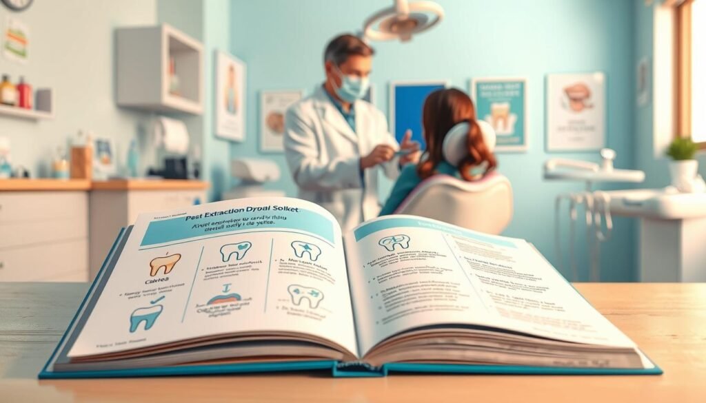 A detailed illustration of a dental care scene focused on post-extraction dry socket prevention. In the foreground, a well-organized dental care guidebook lies open, displaying illustrated tips on maintaining oral hygiene. In the middle ground, a professional dentist, dressed in a white coat and mask, demonstrates proper mouth rinsing techniques to a patient. The background features a well-lit dental office with calming colors, featuring dental tools, a comfortable dental chair, and posters on oral health care. Use soft lighting to create a serene and reassuring atmosphere, emphasizing health and care. The angle should suggest an educational setting, capturing the essence of preventive care and healing.