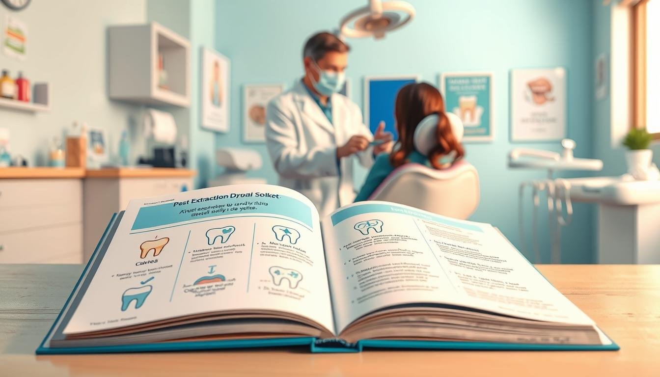 A detailed illustration of a dental care scene focused on post-extraction dry socket prevention. In the foreground, a well-organized dental care guidebook lies open, displaying illustrated tips on maintaining oral hygiene. In the middle ground, a professional dentist, dressed in a white coat and mask, demonstrates proper mouth rinsing techniques to a patient. The background features a well-lit dental office with calming colors, featuring dental tools, a comfortable dental chair, and posters on oral health care. Use soft lighting to create a serene and reassuring atmosphere, emphasizing health and care. The angle should suggest an educational setting, capturing the essence of preventive care and healing.