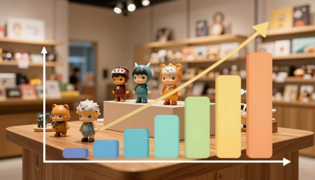 A growing market chart depicting the trend of growth in the backroom toy industry in Hong Kong, set against a warm, inviting background. In the foreground, a stylized bar graph shows increasing sales figures, with colors gradually transitioning from cool to warm tones, emphasizing growth. In the middle, a collection of stylish backroom toys is displayed elegantly on a polished wooden table, arranged to show variety and sophistication. In the background, a softly blurred, modern retail environment reflects a positive shopping atmosphere, with warm lighting creating a cozy and intimate vibe. The overall composition conveys a sense of upward momentum and market potential, utilizing a cinematic angle to enhance visual interest. The image is framed in a 4:3 aspect ratio.