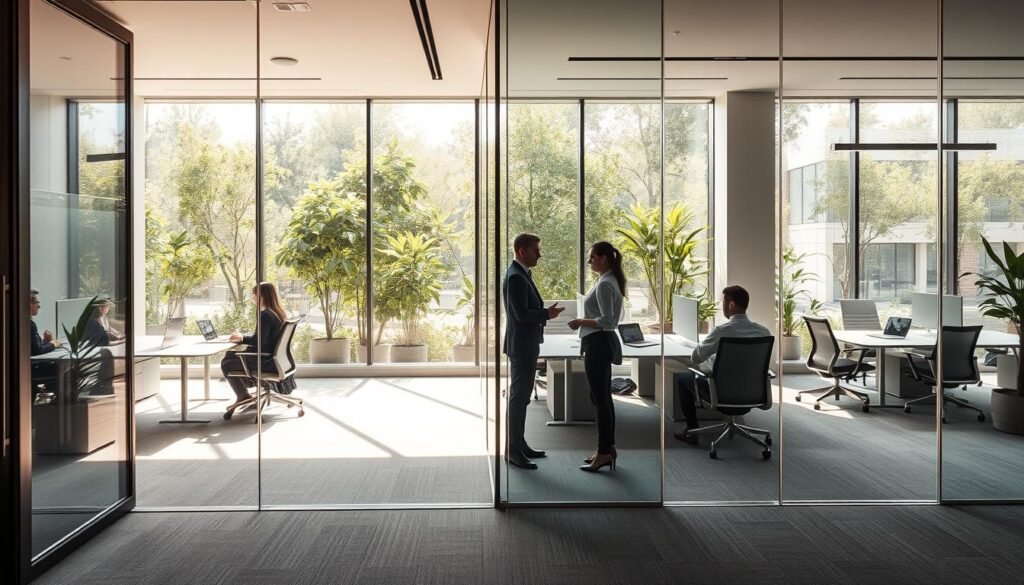 A modern interior design scene showcasing the application of glass partitions in a sophisticated office space. In the foreground, a sleek glass partition divides two collaborative work areas, reflecting natural light streaming in from expansive windows. The middle ground features contemporary office furniture, including minimalist desks and ergonomic chairs, while a few professionals in business attire engage in discussion. The background reveals lush greenery visible through the glass, enhancing the openness of the layout. Soft, warm lighting creates an inviting atmosphere, accentuated by the use of neutral tones and subtle pops of color in decor. The angle is slightly elevated, providing a panoramic view that captures the elegance and functionality of the design.