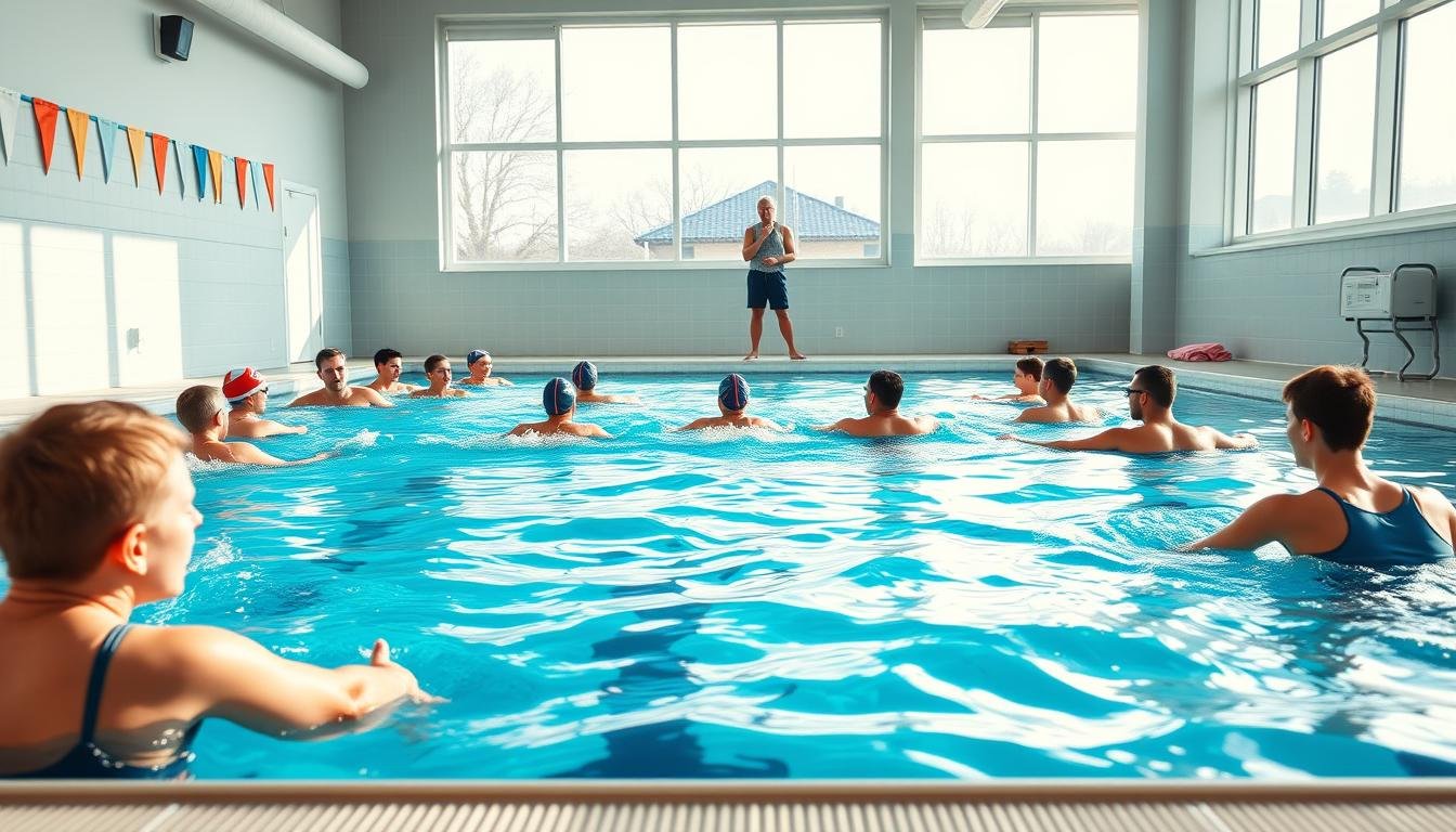 A vibrant swimming training session taking place in a bright, modern indoor pool. In the foreground, a diverse group of dedicated swimmers, wearing modest swim attire, practice their strokes under the guidance of a focused coach. The middle ground features an instructor demonstrating swimming techniques on the poolside, emphasizing the importance of skill improvement. The background showcases large windows letting in abundant natural light that creates a cheerful atmosphere, highlighting the glistening water. The scene captures an atmosphere of motivation and teamwork, with towels and swim gear neatly arranged along the edge of the pool. The image should evoke a sense of discipline and camaraderie within the sport of swimming, with a warm and inviting color palette emphasizing the dynamic environment.