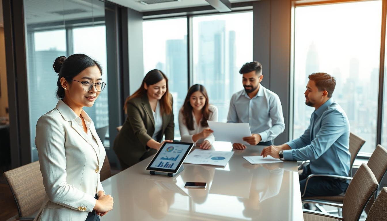 A modern office setting in Hong Kong, showcasing a diverse group of young professionals in business attire engaged in a brainstorming session around a sleek conference table. In the foreground, a confident Asian woman leads the discussion, pointing at a digital tablet that displays charts and graphs. In the middle ground, a multicultural team of men and women, focused and attentive, exchange ideas with enthusiasm, embodying collaboration and innovation. The background features large windows with a view of the Hong Kong skyline, letting in bright, natural light that enhances the lively atmosphere. The composition captures a sense of professionalism, ambition, and the dynamic nature of starting a business in a competitive environment. The image should have a warm, inviting color palette with a focus on productivity and teamwork.