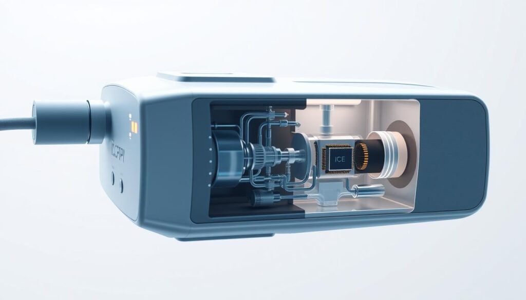Detailed schematic diagram of an iCareCPAP automatic pressure regulation system. Sleek, minimalist medical device design with smooth metallic surfaces, backlit indicators, and clean lines. Cutaway view revealing the inner workings - air pressure sensors, microprocessor, and pneumatic components. Soft blue and white tones, subtle ambient lighting, and a sense of precision engineering. Floating in an ethereal white background, showcasing the technical complexity and advanced functionality of this respiratory therapy technology.