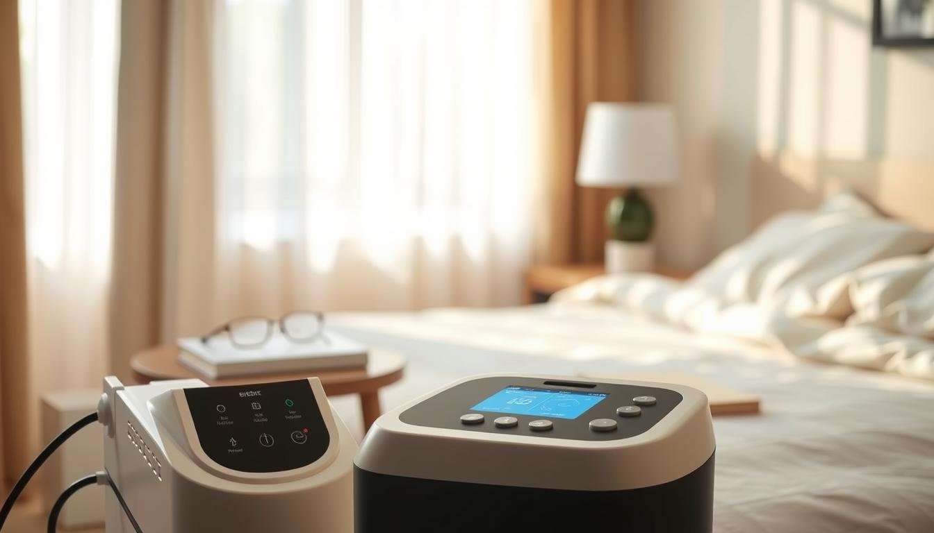 A high-efficiency sleep apnea machine prominently displayed in a warm, inviting bedroom setting. In the foreground, the machine is detailed with sleek, modern design elements, featuring control buttons and an illuminated screen. Soft, natural light filters through sheer curtains, creating a serene and calming atmosphere. In the middle ground, a bedside table with a neatly arranged pair of glasses and a book enhances the sense of tranquility. The background features blurred elements of a cozy bedroom, such as a comfortable bed with plush bedding and a peaceful color palette. The overall mood suggests comfort and safety, emphasizing the importance of air quality for restful sleep. No human figures are present, focusing solely on the machine and its surroundings, ensuring a clean and professional aesthetic.