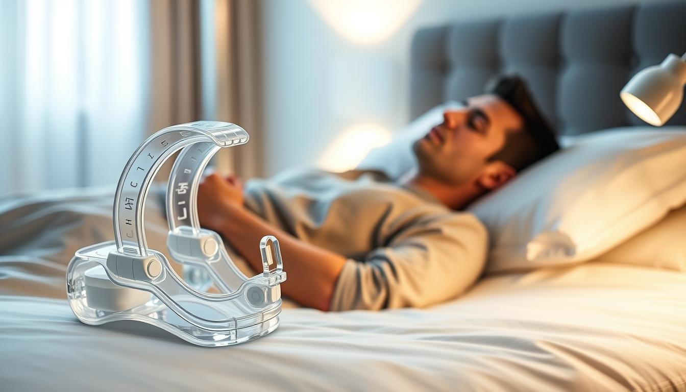 A sleek, innovative mandibular advancement device (MAD) designed for snoring improvement, prominently displayed in the foreground. The device features a transparent, ergonomic design showcasing its adjustable components. Set against a softly lit, modern bedroom background with calming colors, the scene includes a close-up view that highlights the device's intricate structure, such as the flexible bands and cushioning. Gentle lighting from a bedside lamp creates a warm atmosphere, emphasizing comfort and relief. In the middle ground, a relaxed individual lies peacefully in bed, wearing the MAD, dressed in modest, casual sleepwear, suggesting tranquility and effective use. The overall mood is serene and informative, aiming to convey the function and comfort of the MAD device. No text or logos present.